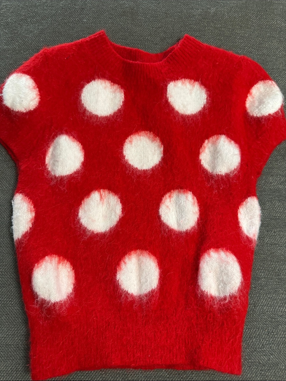 Disney Zara Red Crewneck Sweater with White Polka Dots, Short Sleeves